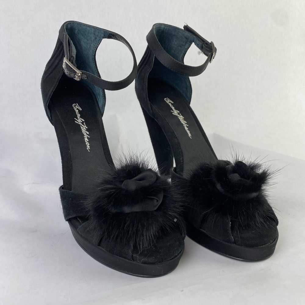 Beverly Feldman Black Suede Heels with Fur and Rhinestones Women’s Size 8